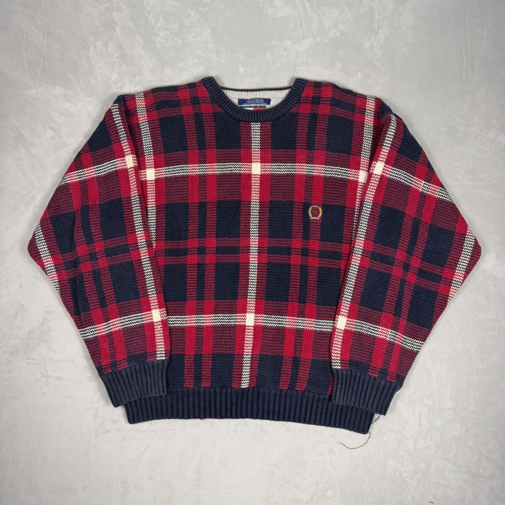90s Mens Tommy Hilfiger Plaid Crest Cotton Knit Sweater Large